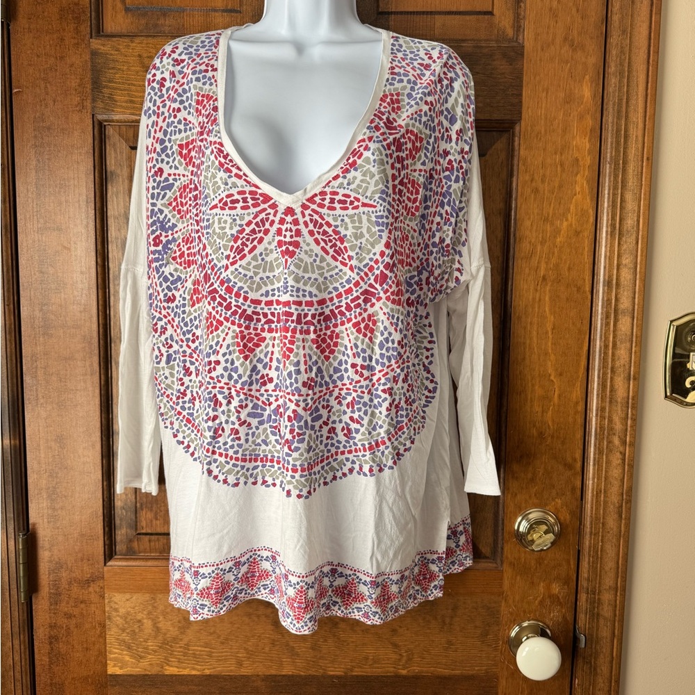 Lucky Brand White w/Purple, Green & Red Mosaic Deep V Tunic XL